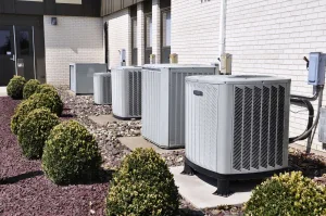 A row of exterior HVAC units