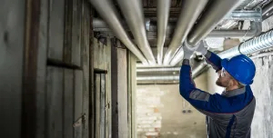 A man wearing a hard hat working on pipes overhead